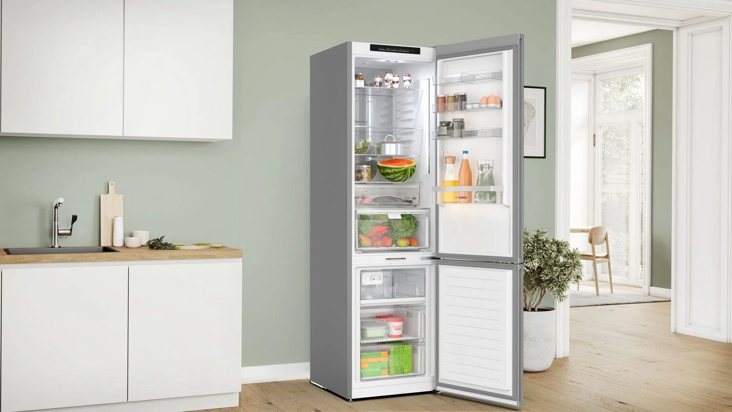Bosch B24CB80ESW 800 Series, free-standing fridge-freezer with freezer at bottom, glass door, 24'', White, Total No Frost - Image 3