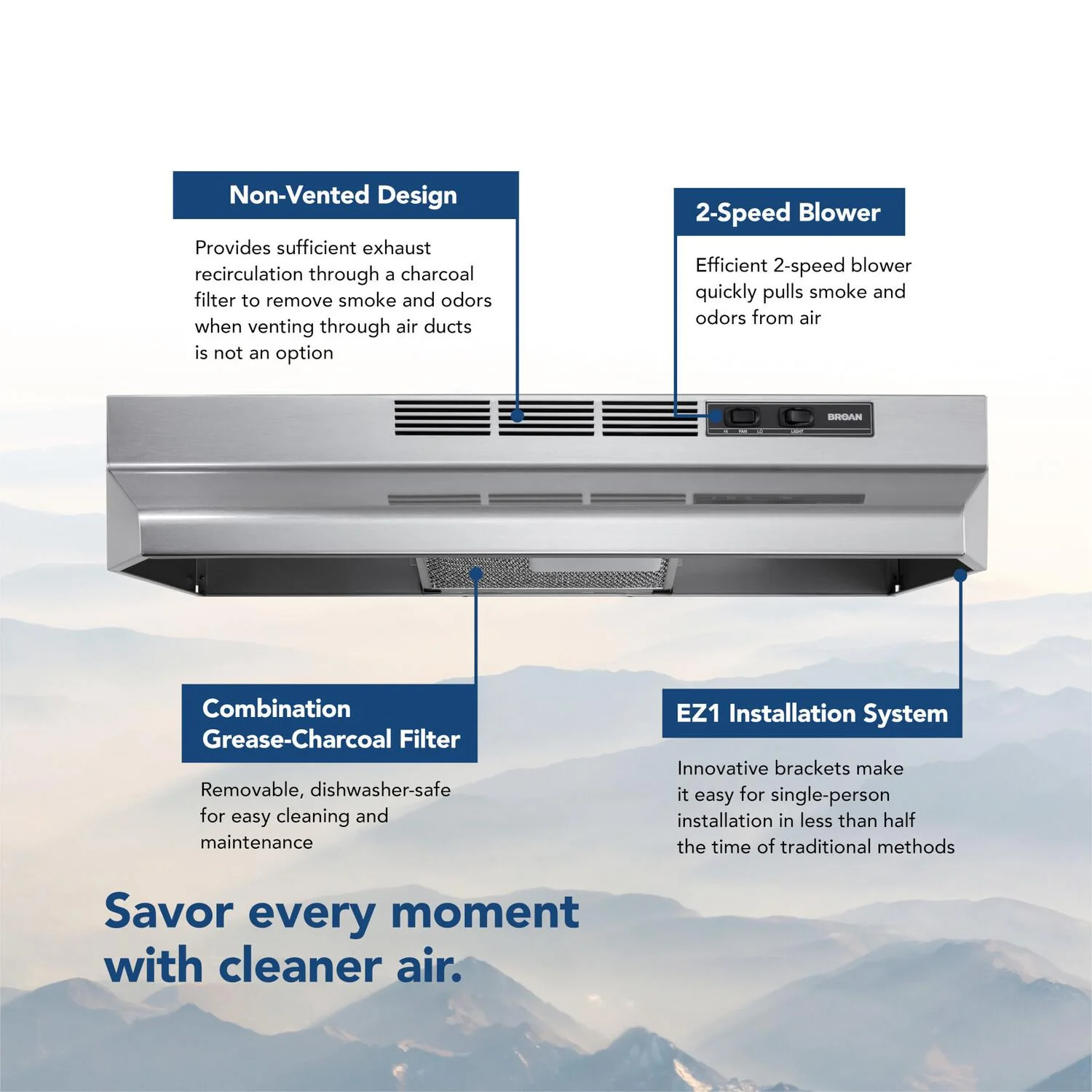 BUEZ130SF Broan® 30-Inch Ductless Under-Cabinet Range Hood w/ Easy Install System, Stainless Finish - Image 4