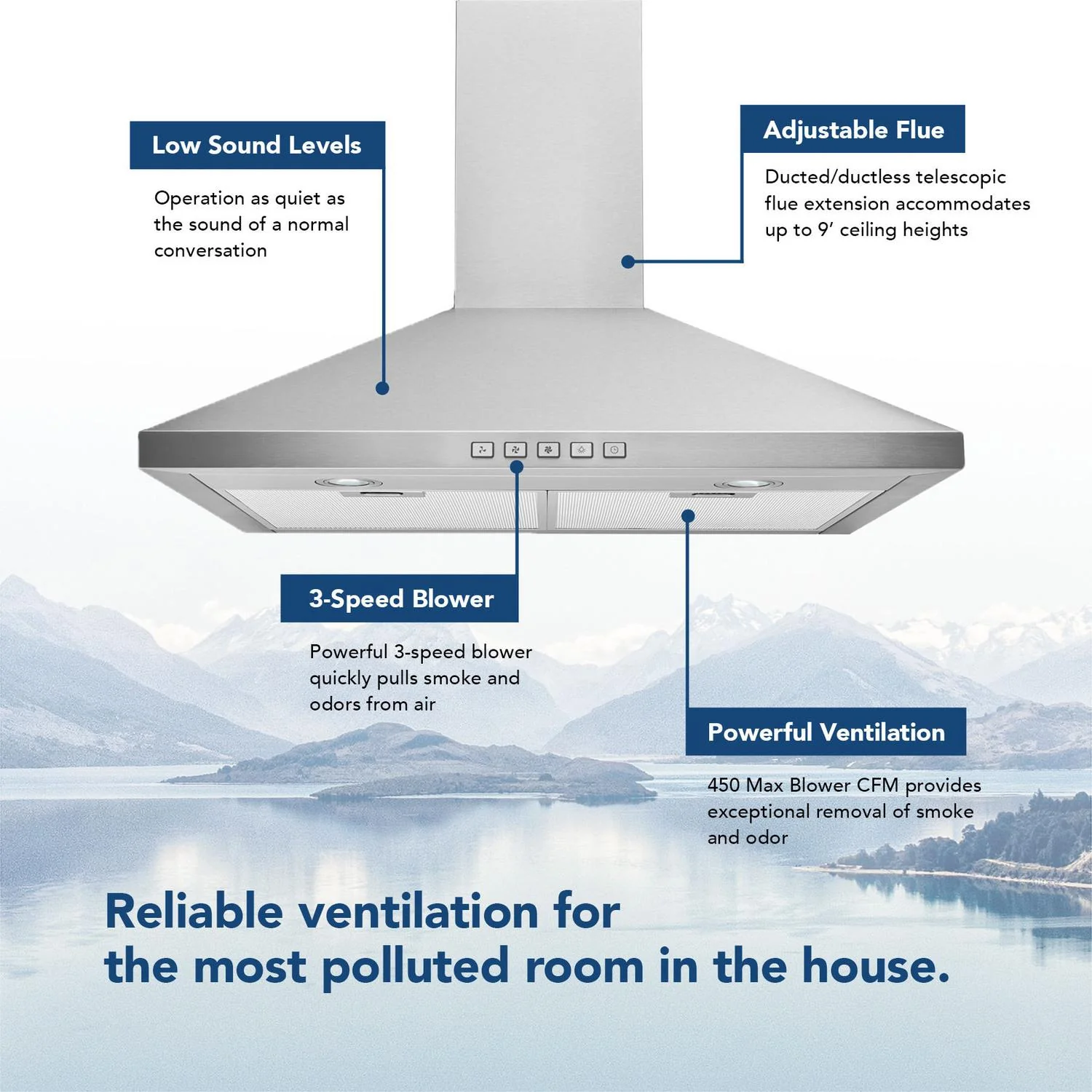 BWP1304SS Broan® 30-Inch Convertible Wall-Mount Pyramidal Chimney Range Hood, 450 Max CFM, Stainless Steel - Image 3