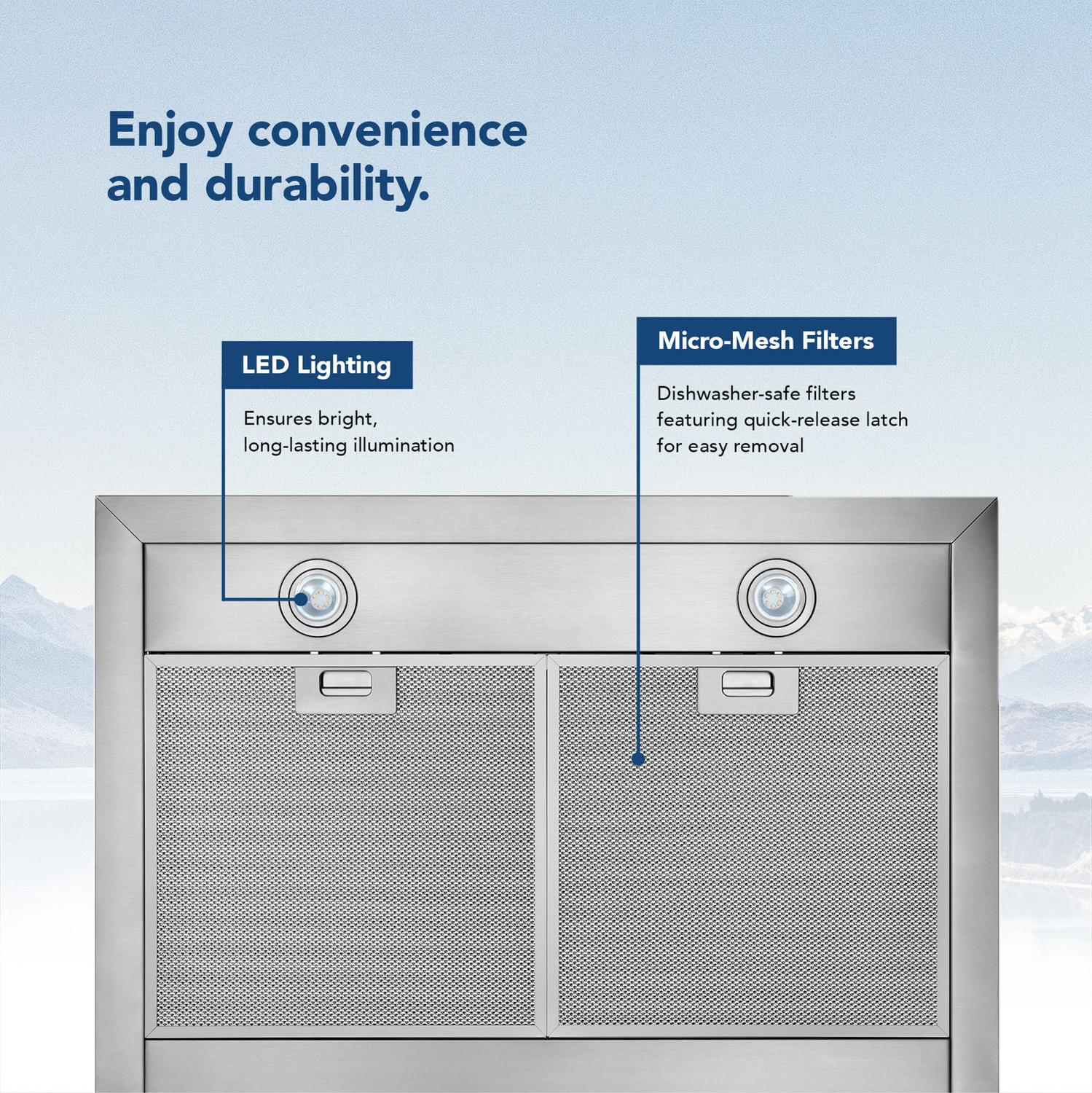 BWP1304SS Broan® 30-Inch Convertible Wall-Mount Pyramidal Chimney Range Hood, 450 Max CFM, Stainless Steel - Image 4