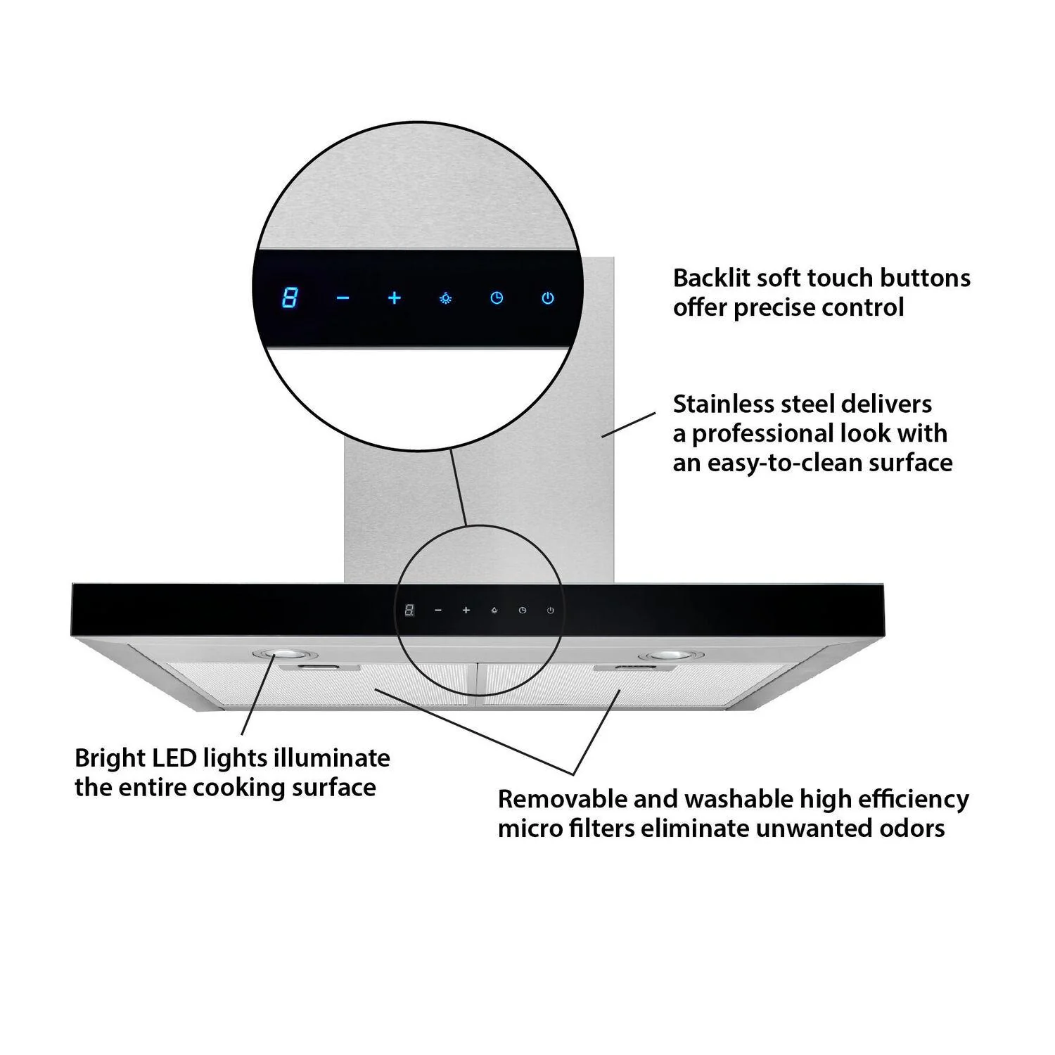 BWT1304SSB Broan® 30-Inch Convertible Wall-Mount T-Style Chimney Range Hood, 450 Max CFM, Stainless Steel w/Black Glass - Image 2