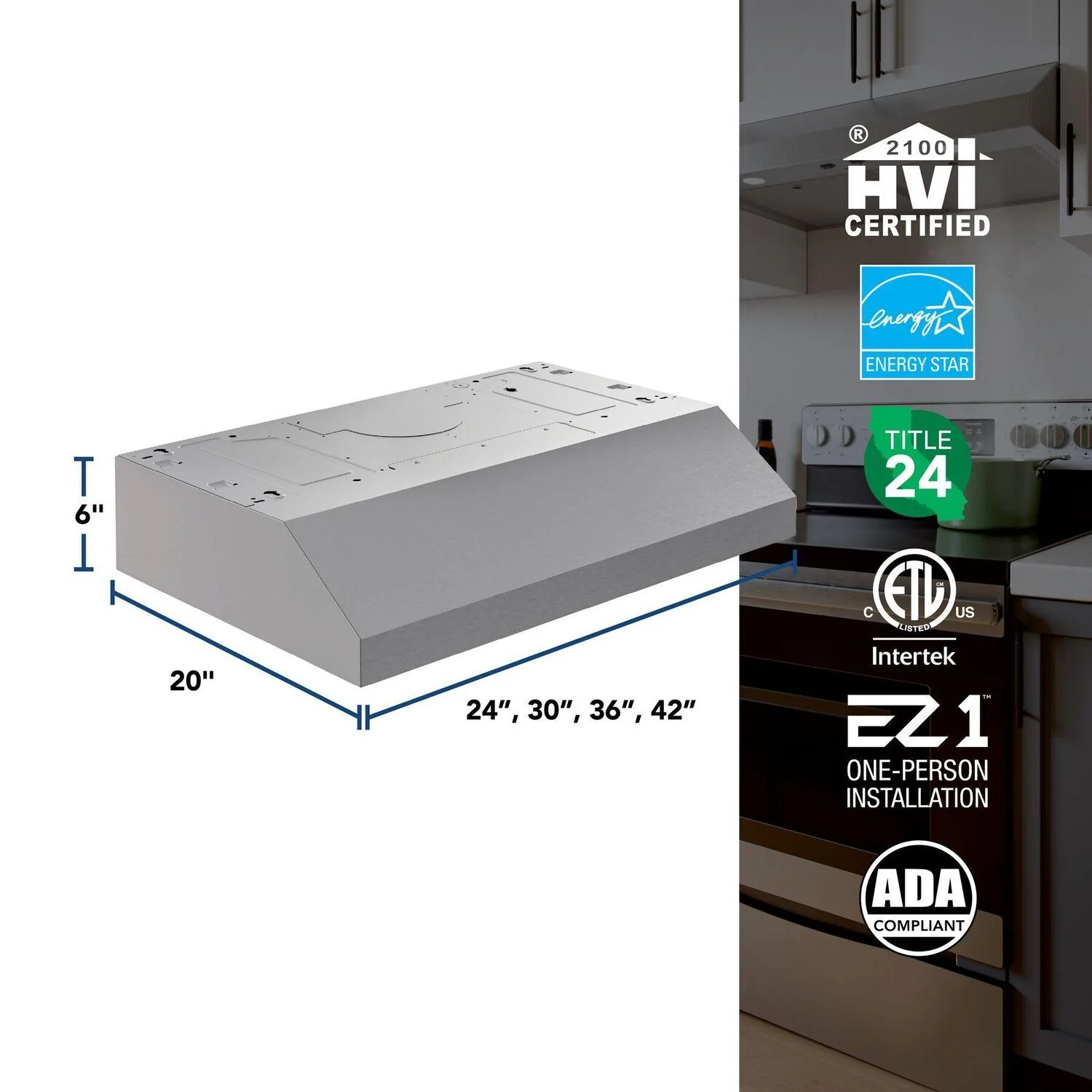Broan GLA1243SS Glacier 24-Inch 350 MAX Blower CFM 1.5 Sones Stainless Steel Range Hood - Image 6