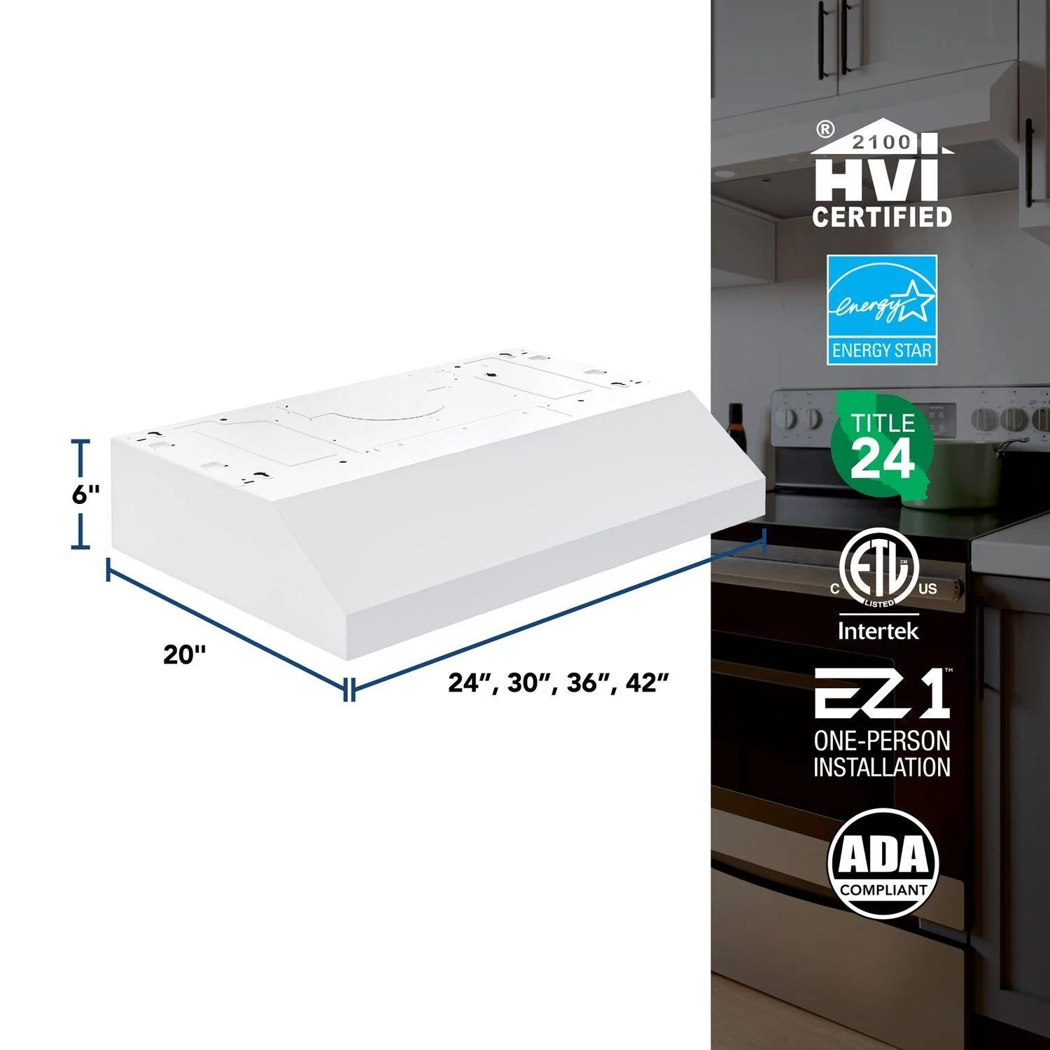 Broan GLA1243WW Glacier 24-Inch 350 MAX Blower CFM 1.5 Sones White Range Hood - Image 6