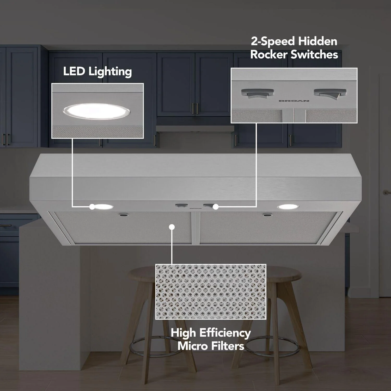 Broan GLA1423SS Glacier 42-Inch 350 MAX Blower CFM 1.5 Sones Stainless Steel Range Hood - Image 4