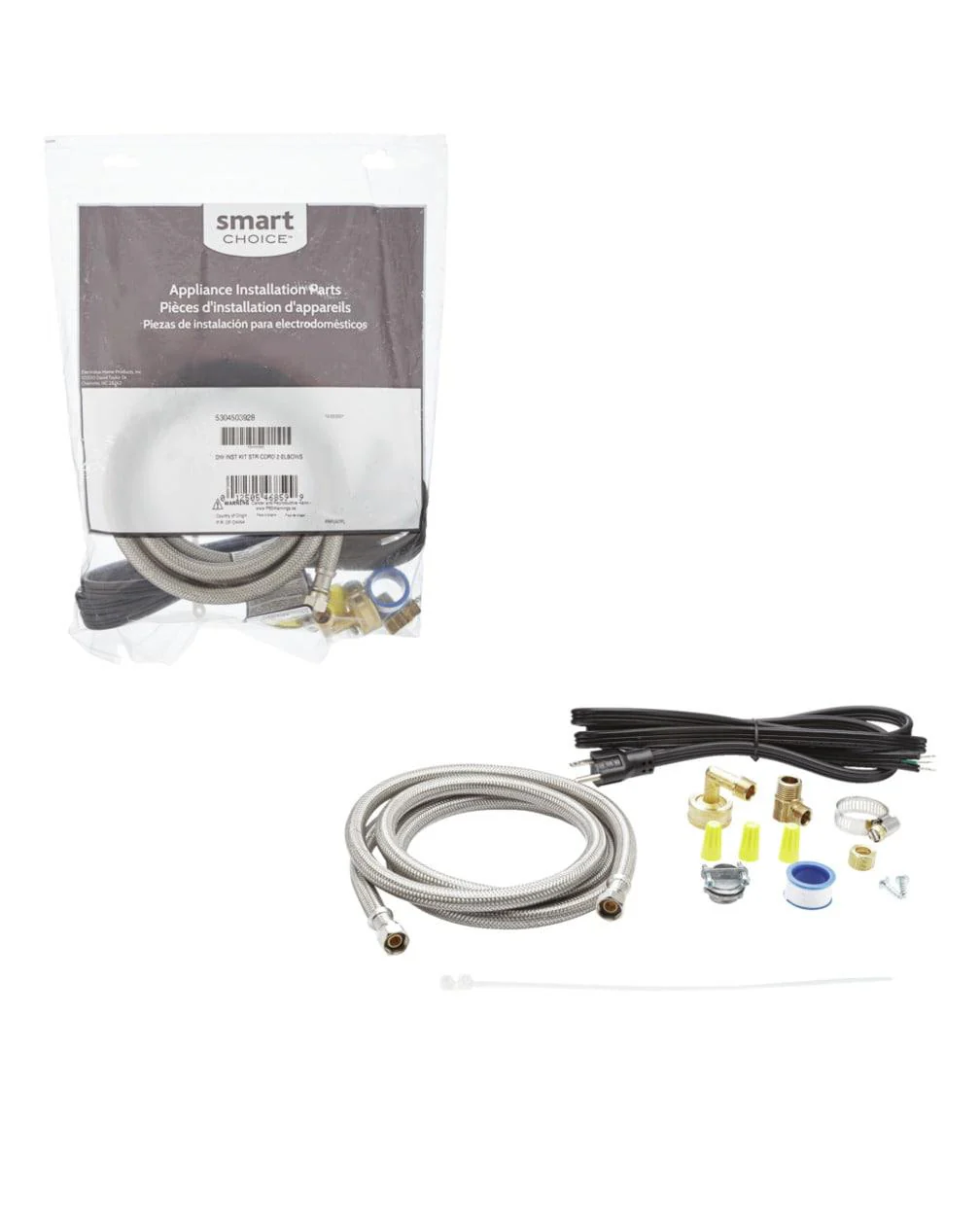 Frigidaire 5304503928 Dishwasher Water Line Kit that Includes a 6' Stainless Steel Braided Water Line, a 3/4" Garden Hose Elbow, Power Cord and Hardware