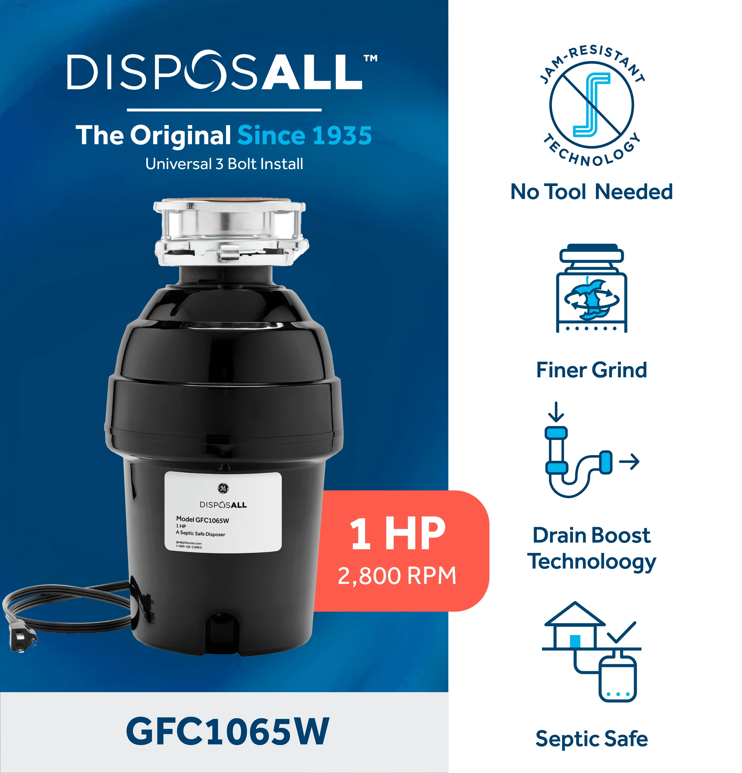 GFC1065W GE DISPOSALL® 1 HP Continuous Feed Garbage Disposer - Corded - Image 2