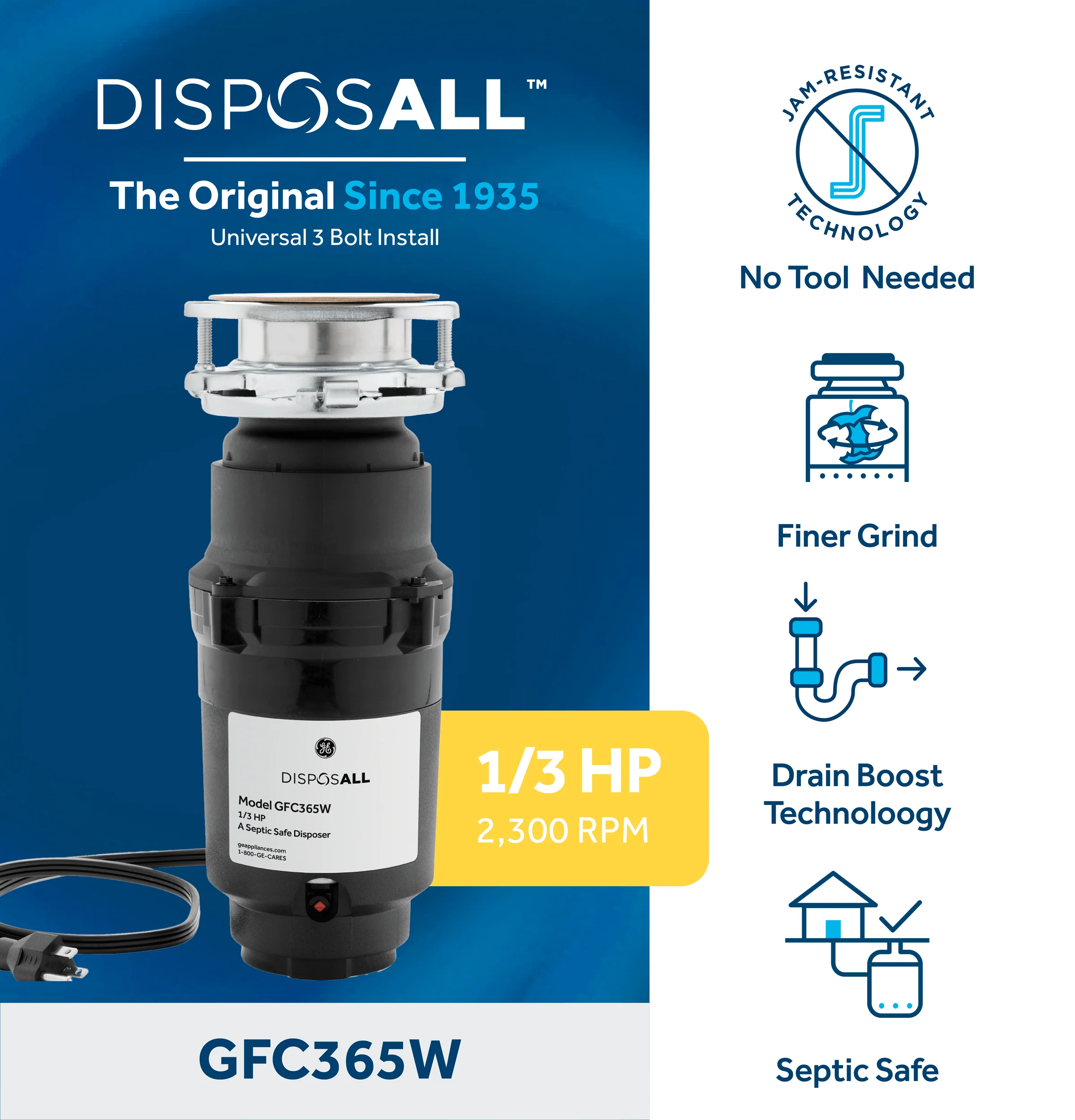 GFC365W GE DISPOSALL® 1/3 HP Continuous Feed Garbage Disposer - Corded - Image 3