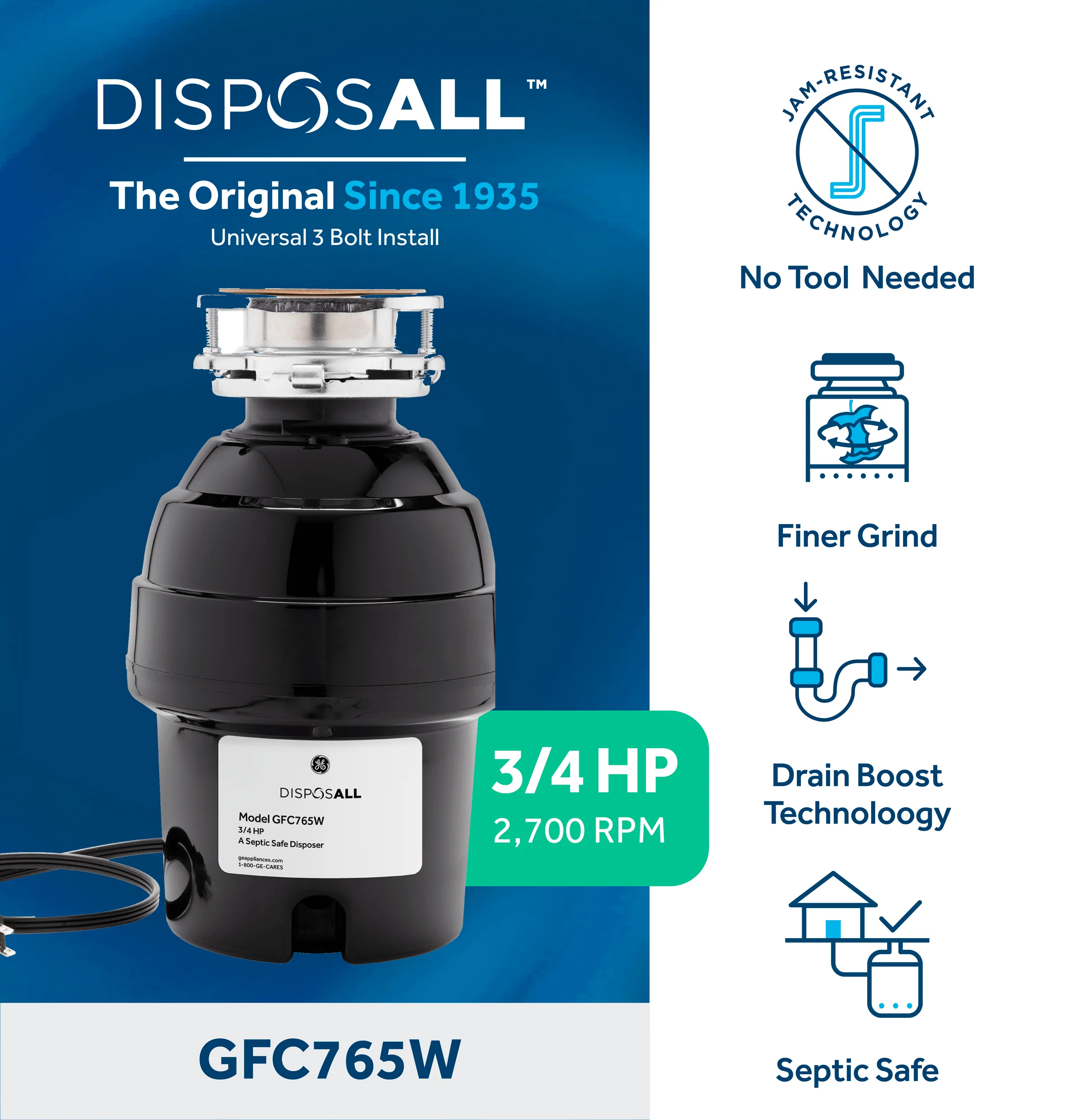 GFC765W GE DISPOSALL® 3/4 HP Continuous Feed Garbage Disposer - Corded - Image 2