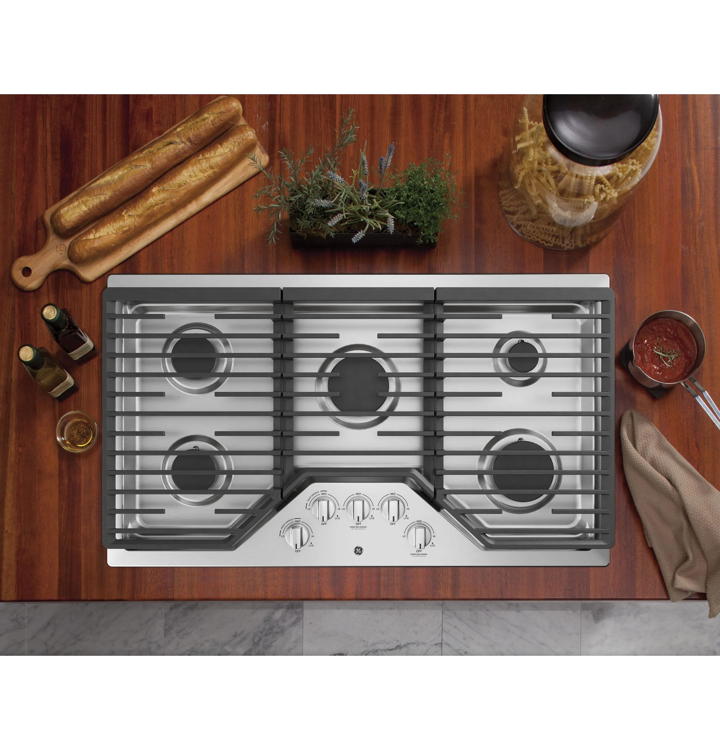 JGP5036SLSS GE® 36" Built-In Gas Cooktop with 5 Burners and Dishwasher Safe Grates - Image 2