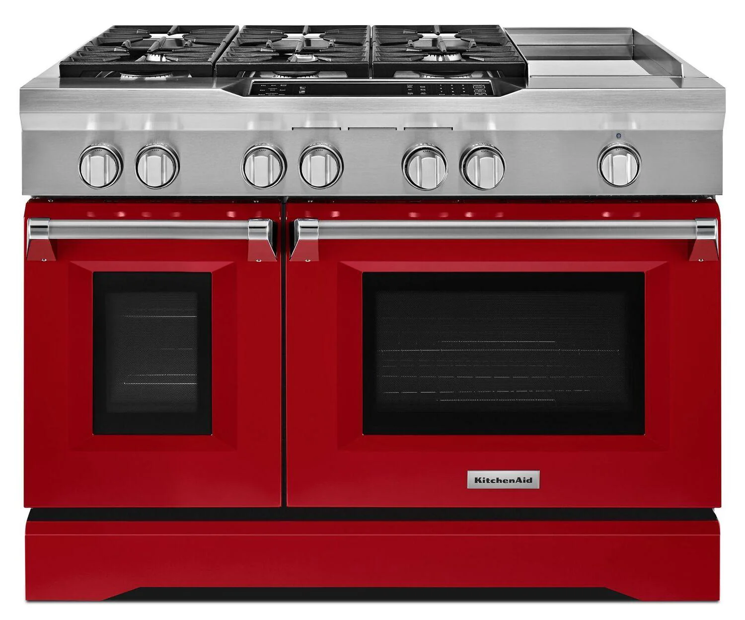 Kitchenaid KDRS483VSD 48'' 6-Burner with Griddle, Dual Fuel Freestanding Range, Commercial-Style Signature Red