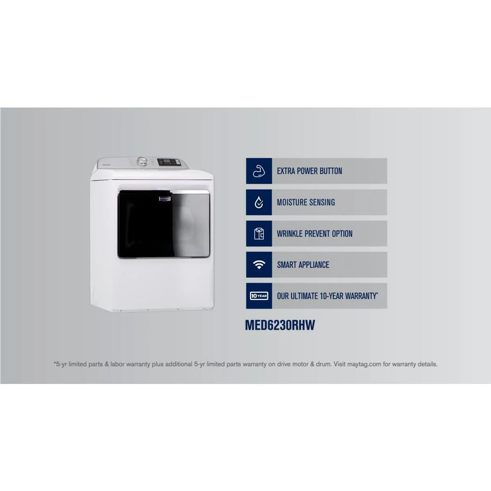 Maytag MED6230RHW Smart Top Load Electric Dryer with Extra Power Button - 7.4 cu. ft. - Image 10