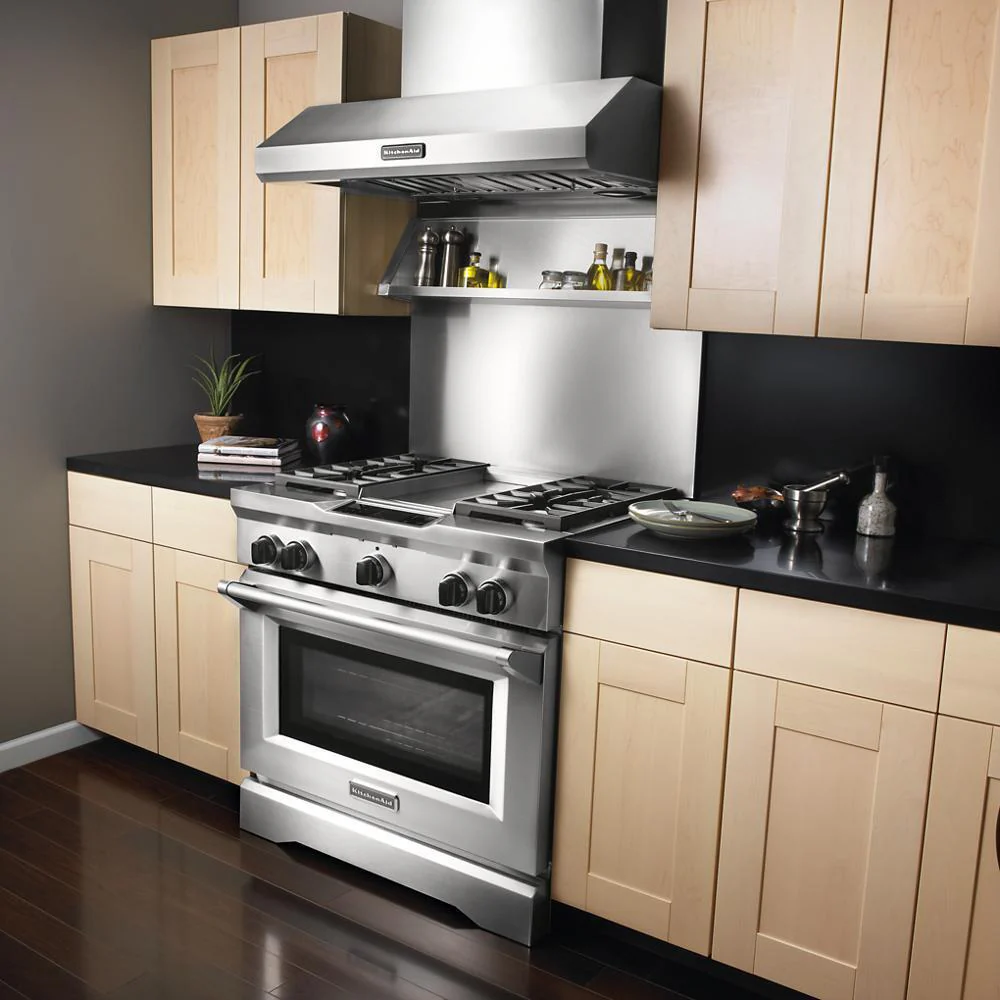 Whirlpool W10225949 Stainless Steel Backsplash with Dual Position Shelf, measures 36" W x 22" H - for 36" Range or Cooktop - Image 3