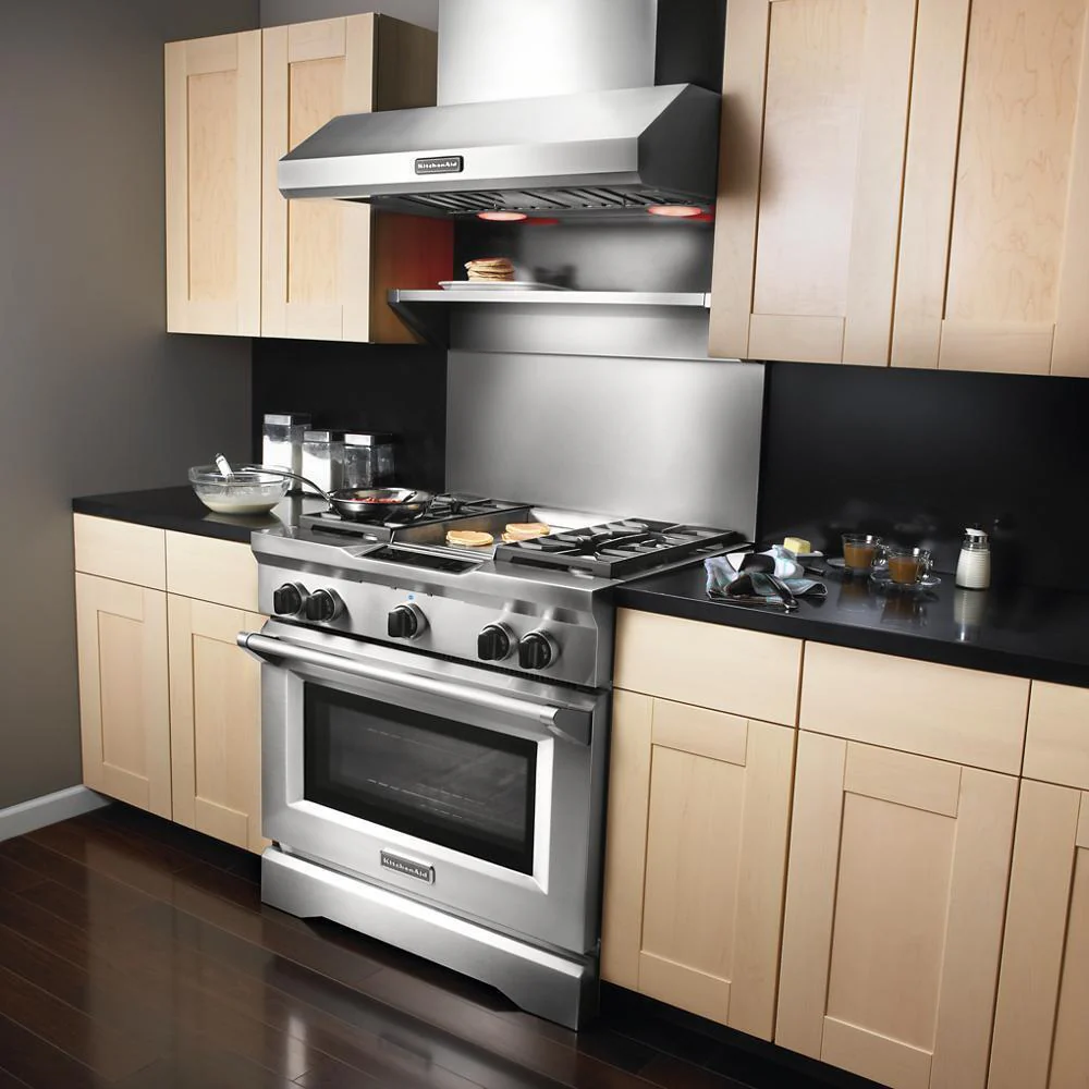 Whirlpool W10225949 Stainless Steel Backsplash with Dual Position Shelf, measures 36" W x 22" H - for 36" Range or Cooktop - Image 4