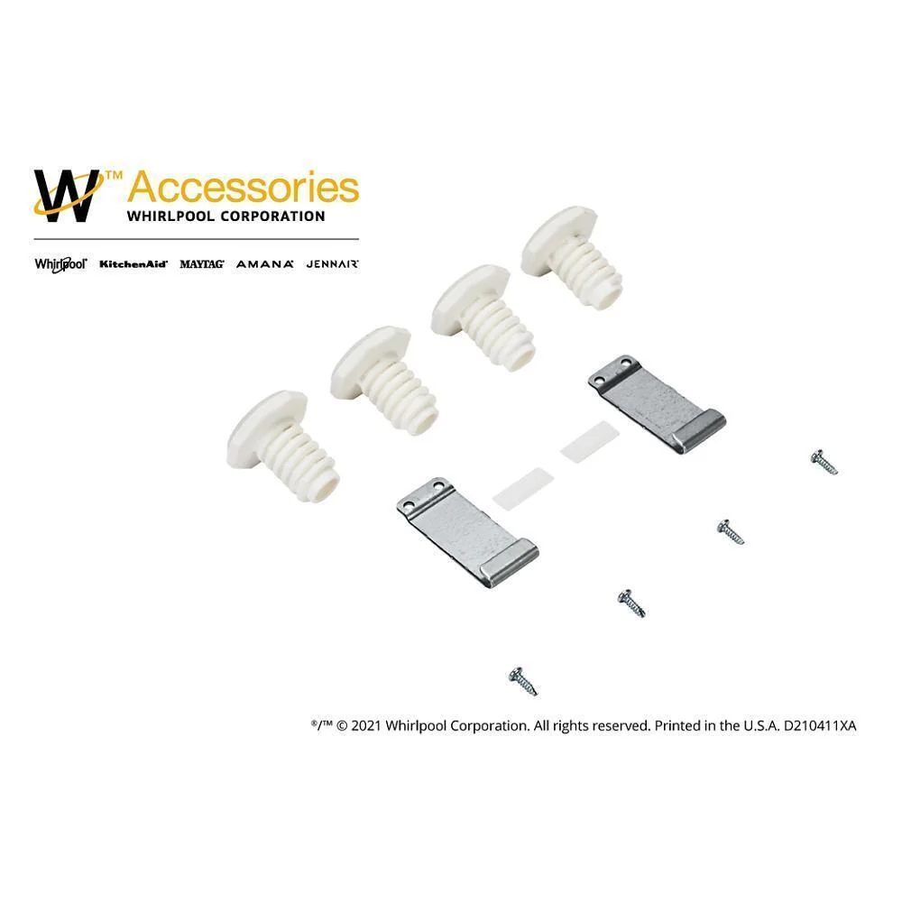 Whirlpool W10869845 Washer & Dryer Stacking Kit for 27", with hooked galvanized steel brackets, 4 leveling dryer feet, 2 clips, and 4 screws - Image 7